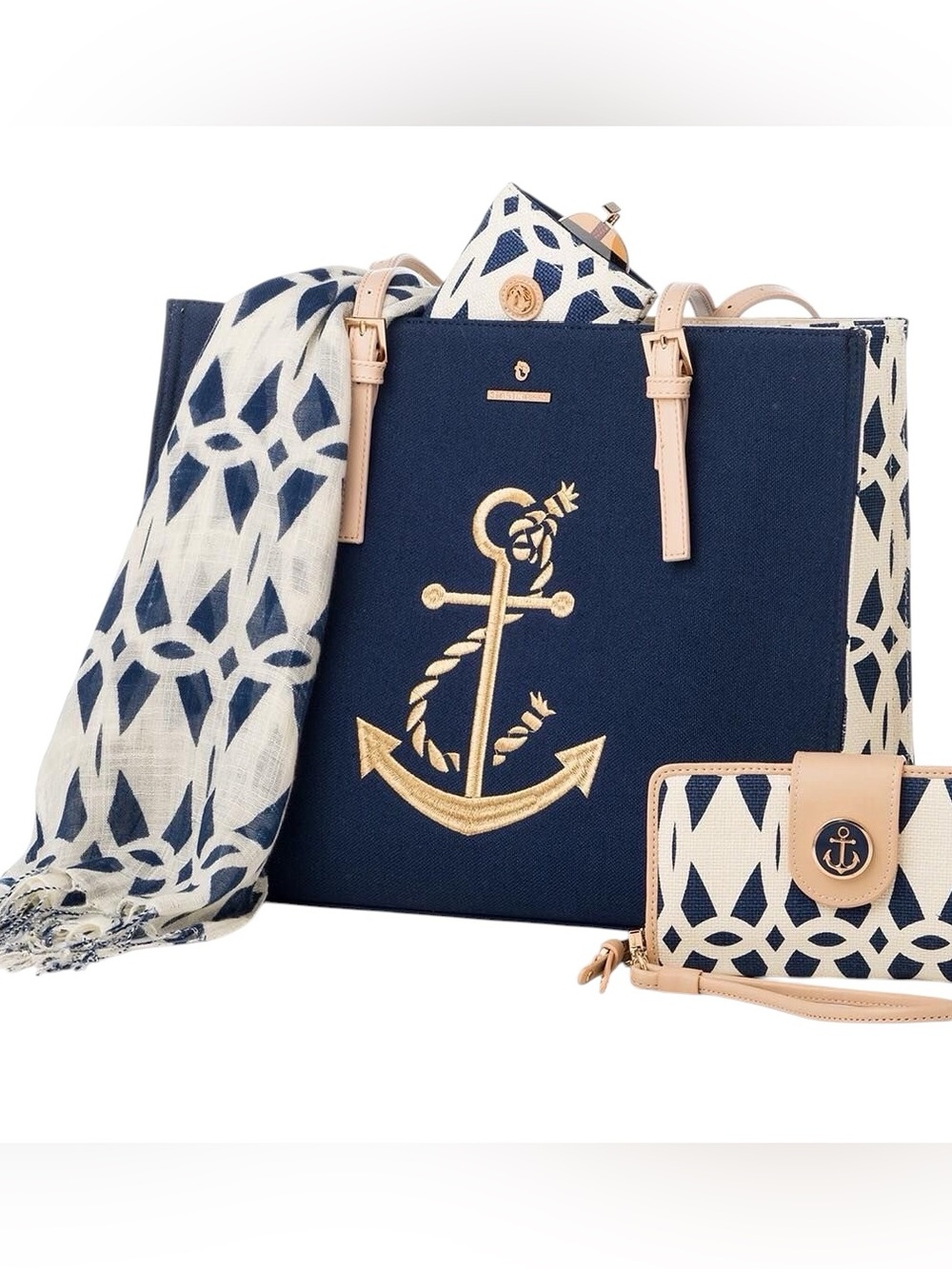 Spartina 449 Navy Blue & Cream Anchor Tote with Tan Accents